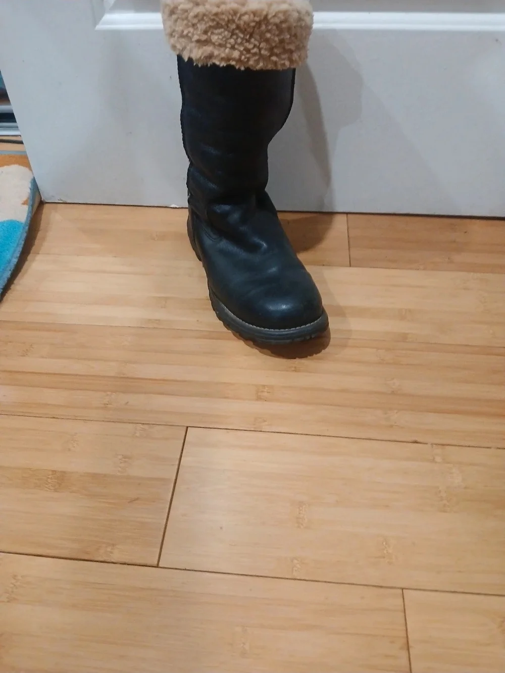 UGG Black Tall Leather Winter Boots with Shearling Trim